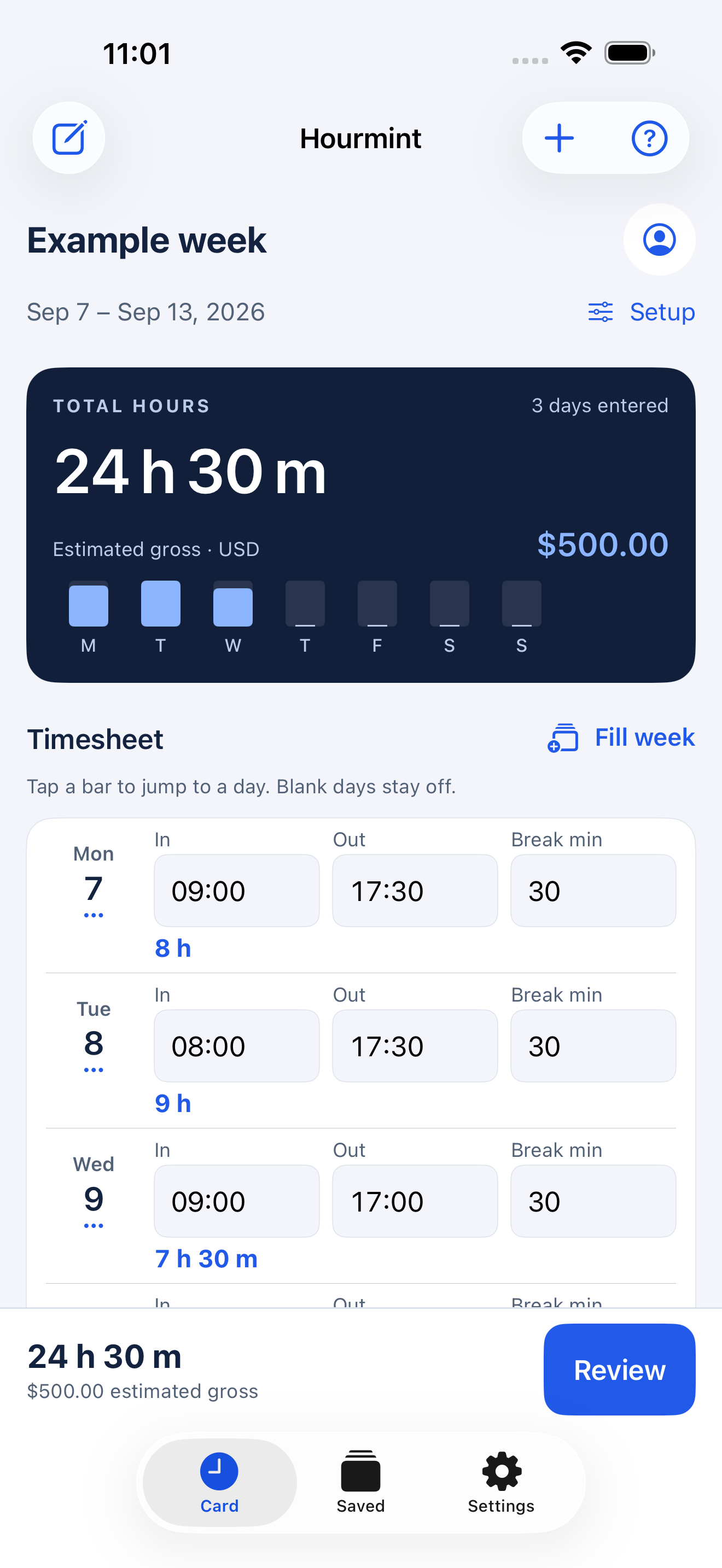 Hourmint weekly worksheet showing three entered shifts, 24 hours 30 minutes and an estimated gross of 500 US dollars.