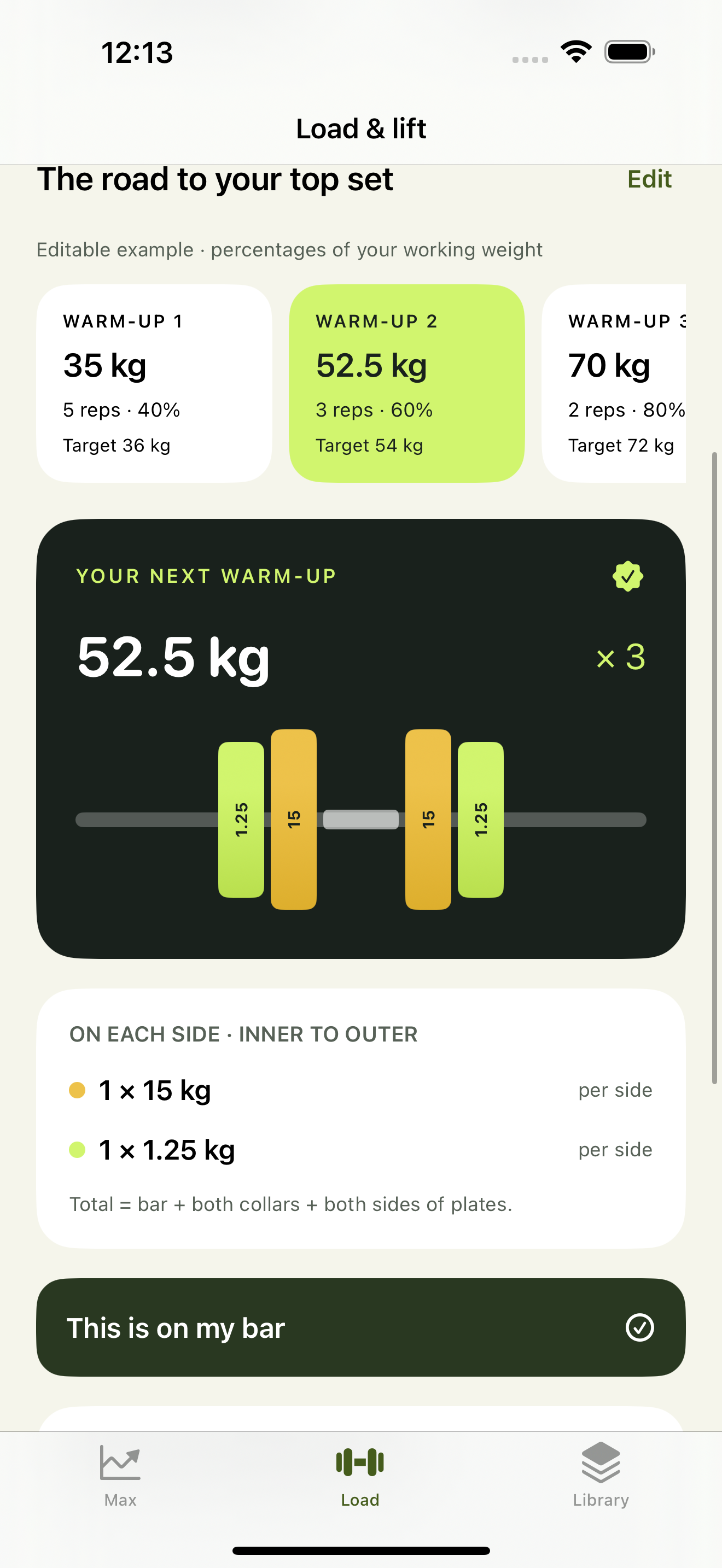 Rackory shows a 52.5 kg warm-up and 15 kg plus 1.25 kg plates on each side.