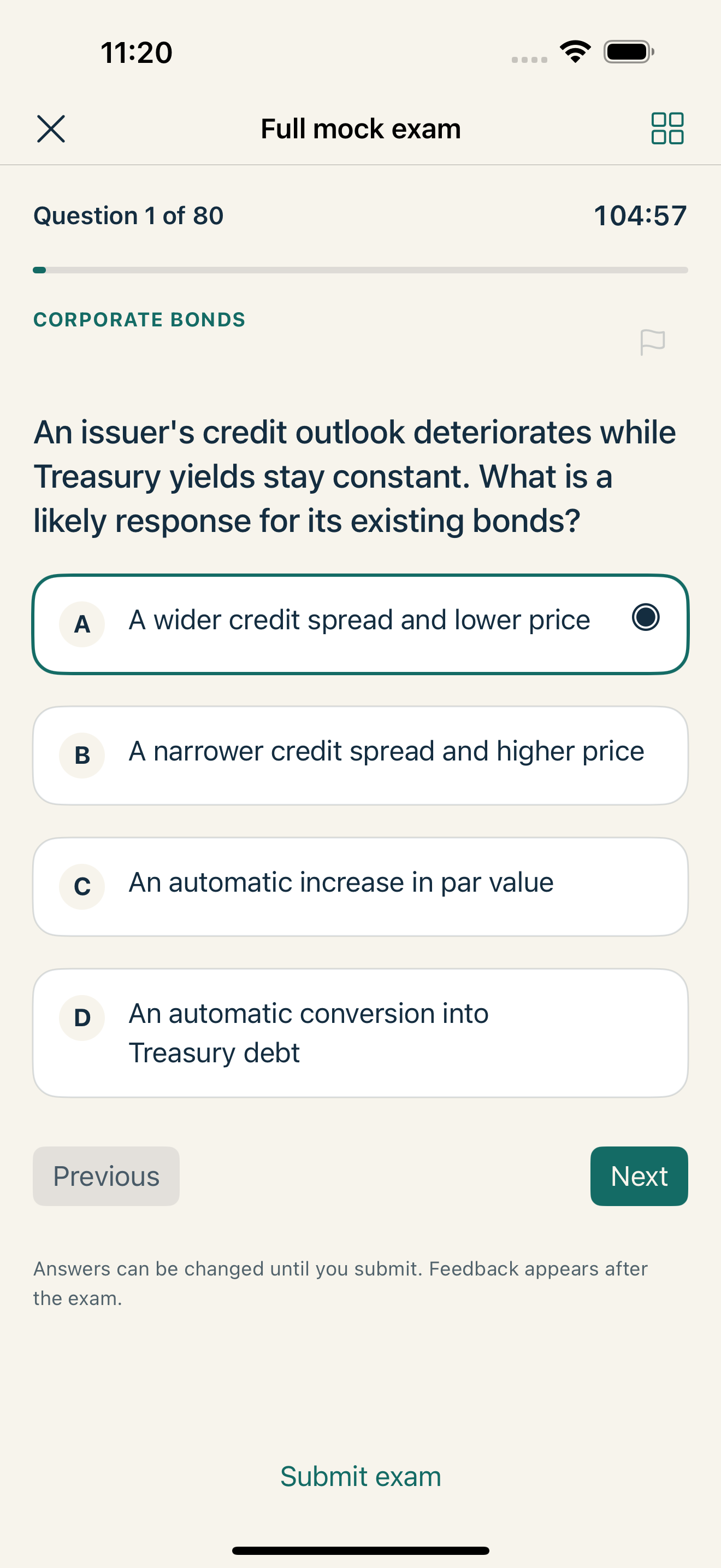 A timed SIE mock exam with answer choices and a flag control